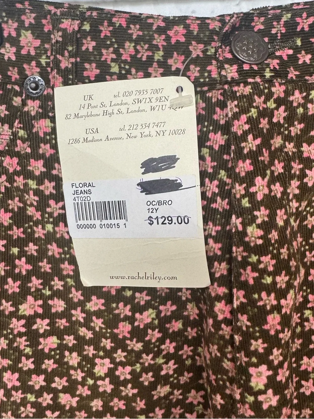 Rachel Riley Girls 12Y Floral Corduroy Pants NWT Brown Pink Cottagecore